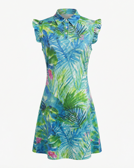 Birdies and Bubbles Fairway Dress Collection Blue and green palm dress