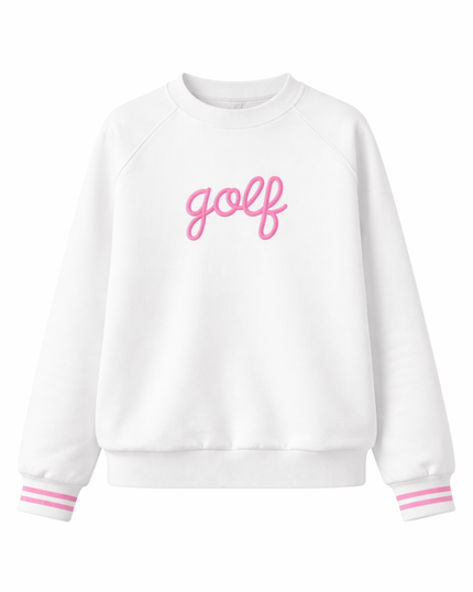 Women’s white golf crewneck sweatshirt with pink “golf” script lettering and striped cuffs on a clean white background