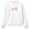 Women’s white golf crewneck sweatshirt with pink “golf” script lettering and striped cuffs on a clean white background