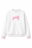 Women’s white golf crewneck sweatshirt with pink “golf” script lettering and striped cuffs on a clean white background