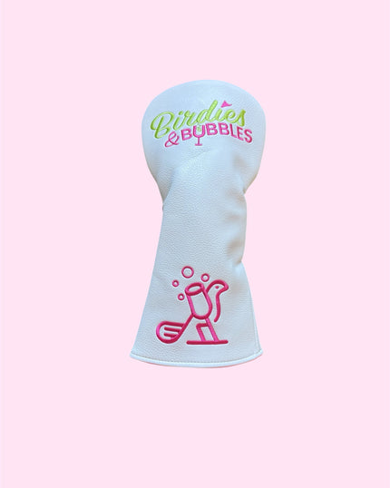 Women’s Stylish Birdies & Bubbles Golf Headcovers white with pink background 