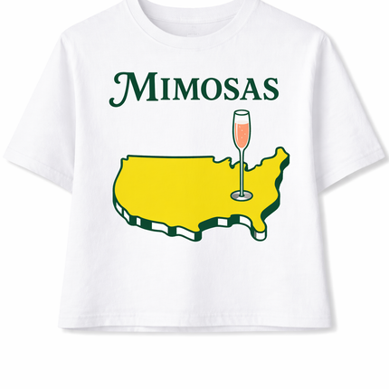 White t-shirt with 'Mimosas' text and a map of the United States with a champagne glass graphic on a white background.