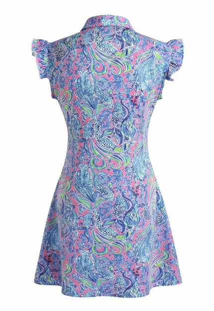 Colorful patterned Birdies & Bubbles golf dress on a white background