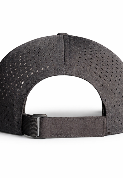 Birdies & Bubbles women's black golf hat back view with breathable perforated fabric and adjustable strap