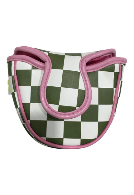 Green and white checkered saddle pad with pink trim on a white background