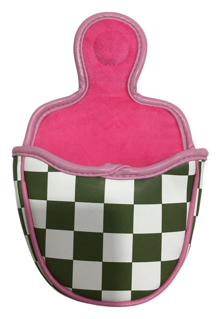 Pink and green checkered pet muzzle on a white background
