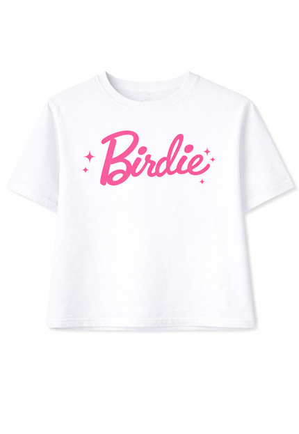 White t-shirt with pink 'Birdie' text that looks like Barbie on a white background