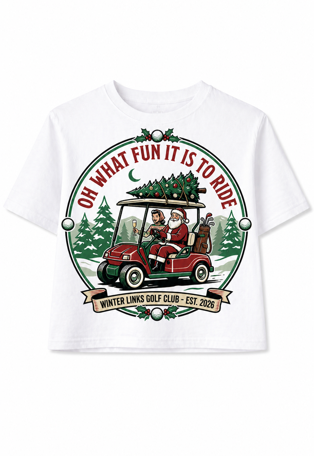 White t-shirt with a Christmas-themed graphic of Santa Claus and a golf cart, featuring text 'Oh what fun it is to ride' and 'Winter Links Golf Club'.