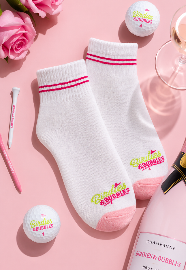 Birdies & Bubbles Lucky Pair Crew Socks | White & Pink Golf Socks