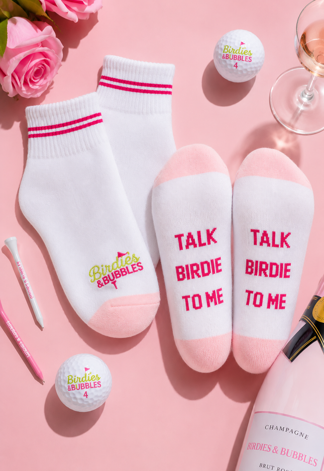 Birdies & Bubbles Lucky Pair Crew Socks | White & Pink Golf Socks