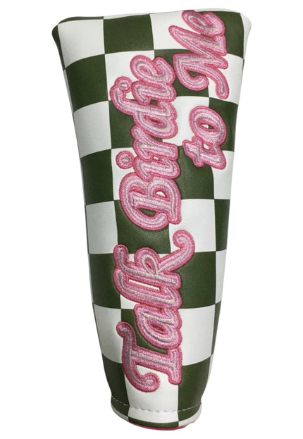 Checkered golf club head cover with pink text on a white background