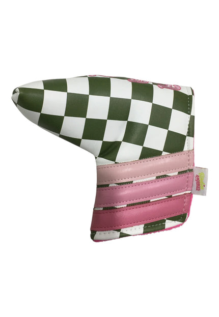 Golf club head cover with green and white checkered pattern and pink accents on a white background