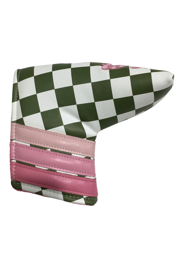 Checkered golf club head cover with pink accents on a white background