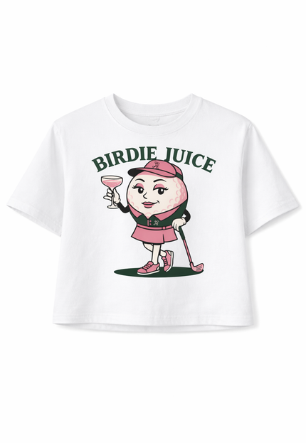 Birdies & Bubbles “Birdie Juice” women’s white cropped graphic golf t-shirt with pink golf ball character holding a cocktail white 