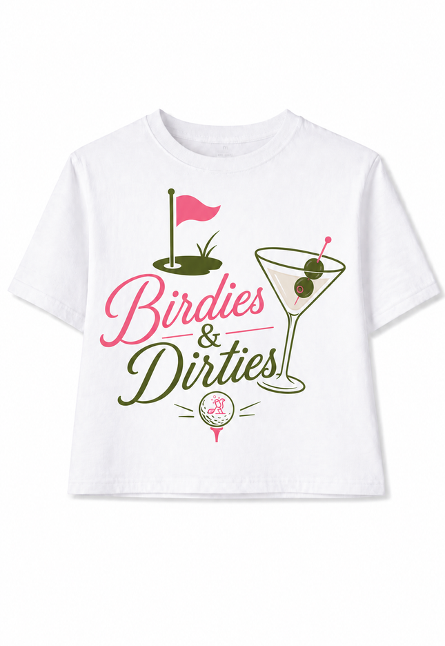 White t-shirt with 'Birdies & Dirties' graphic design on a white background