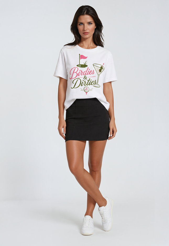 Woman wearing a white t-shirt with Birdies and dirties text and graphics on a plain background
