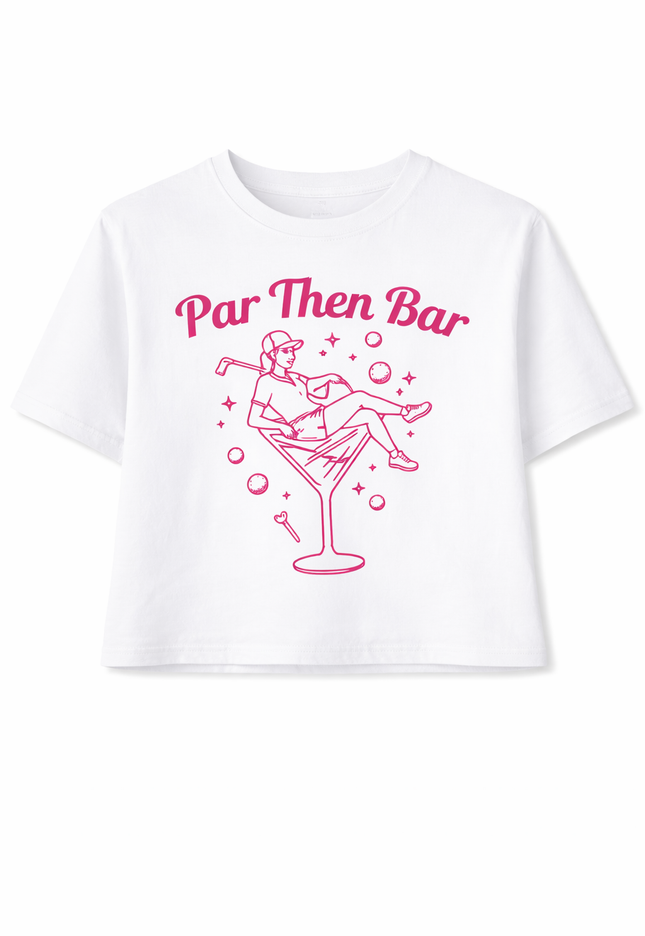 White t-shirt with pink graphic and text 'Par Then Bar' on a white background