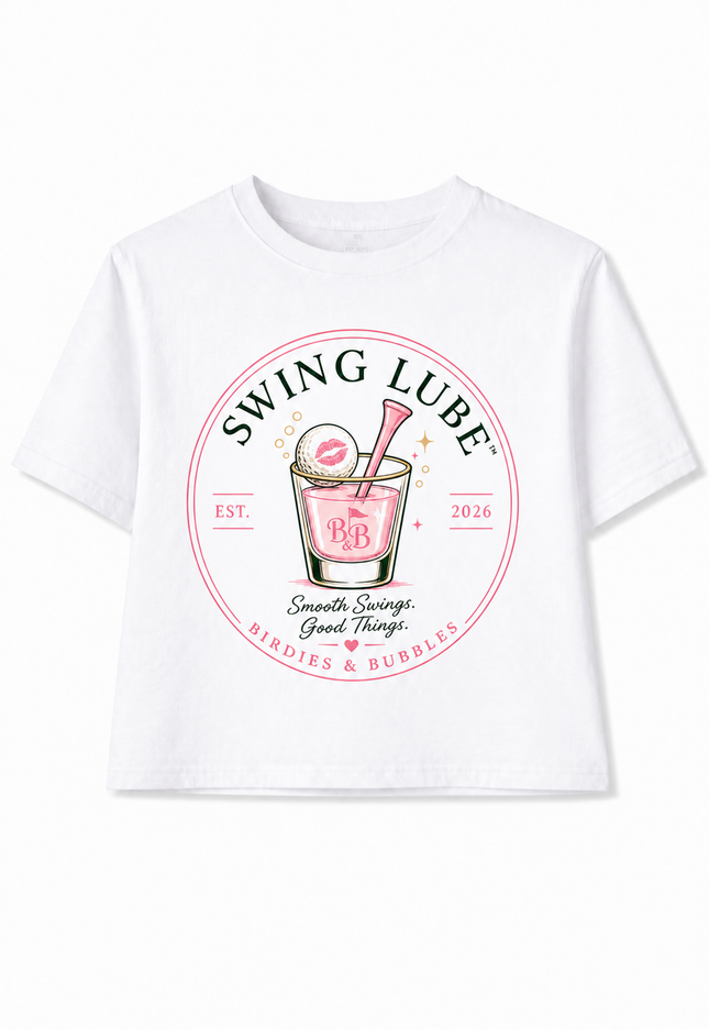White t-shirt with 'Swing Lube' graphic design on a white background