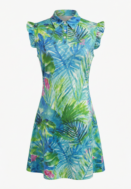 Tropical patterned dress on a white background