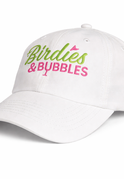 White cap with 'Birdies & Bubbles' text on a white background