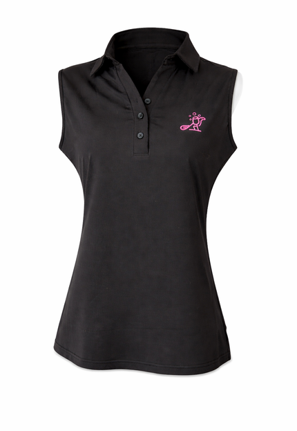 Black Birdies and bubbles sleeveless polo shirt with a pink logo on a white background