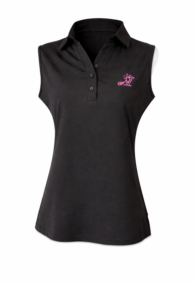 Black Birdies and bubbles sleeveless polo shirt with a pink logo on a white background