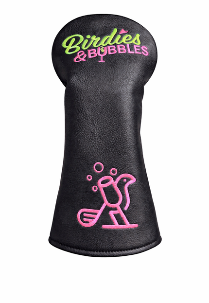 Black golf club head cover with 'Birdies & Bubbles' text and logo on a white background