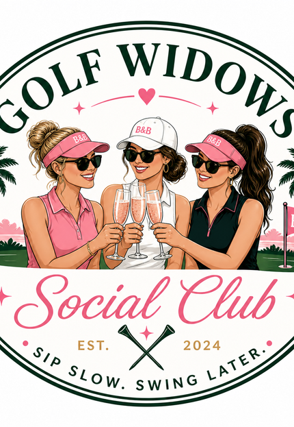 Logo of Golf Widows Social Club with three women at a golf course.