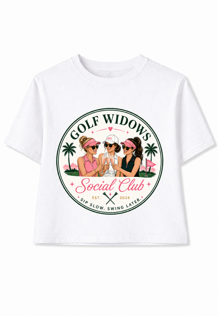 White t-shirt with 'Golf Widows Social Club' graphic on a white background