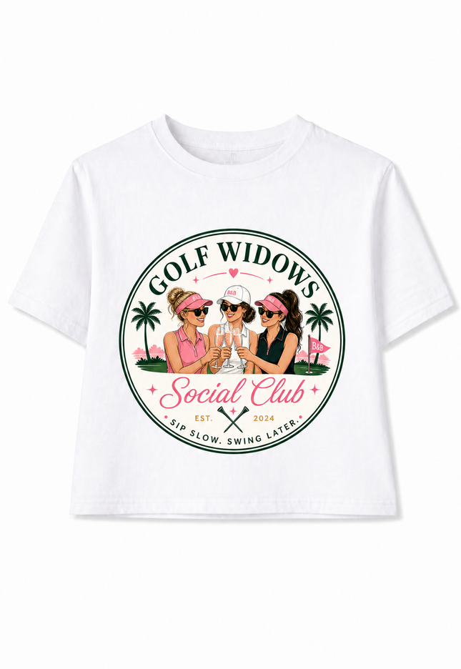 White t-shirt with 'Golf Widows Social Club' graphic on a white background