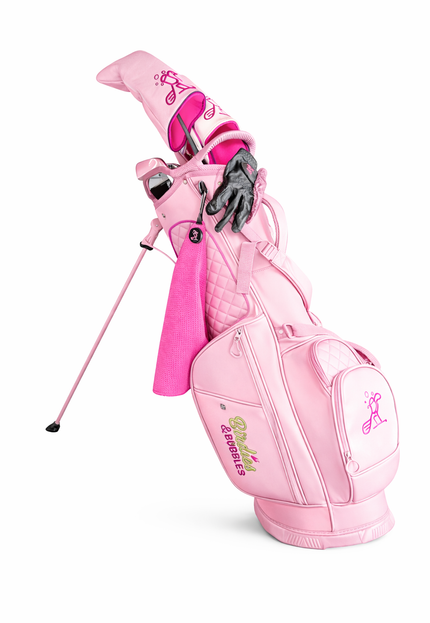 Pink golf bag with a golf club on a white background