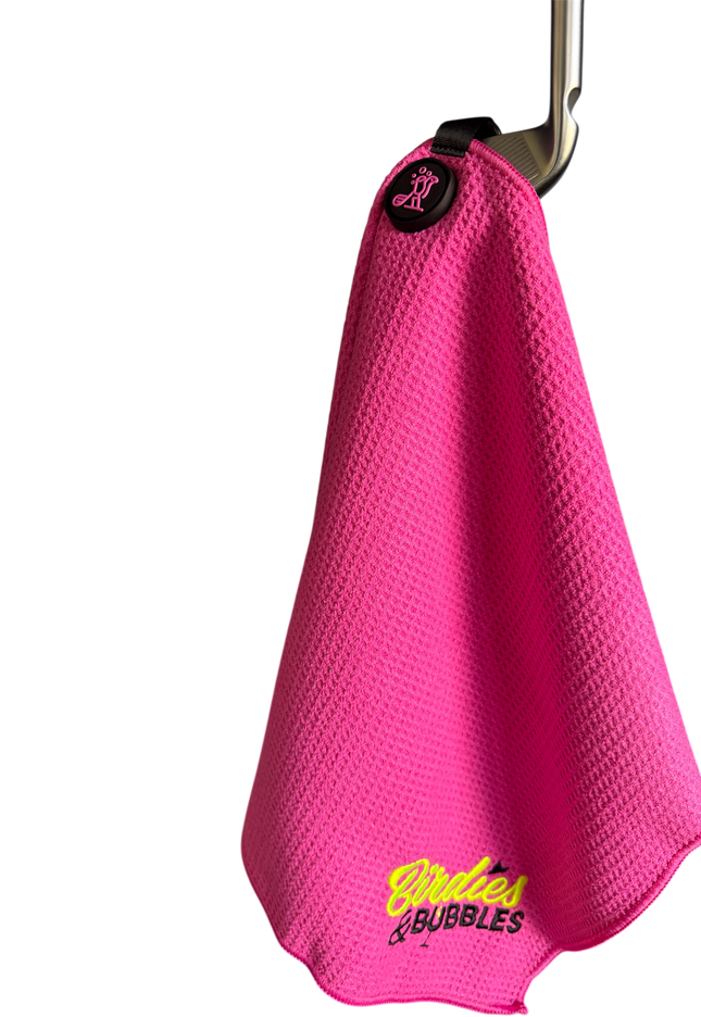 Women’s Magnetic Golf Towel | Premium Pink Golf Towel with Magnet | Birdies & Bubbles