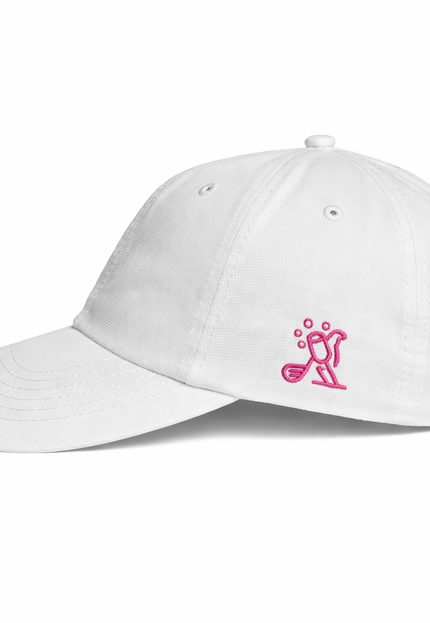 White Birdies & Bubbles cap with a pink logo on a white background