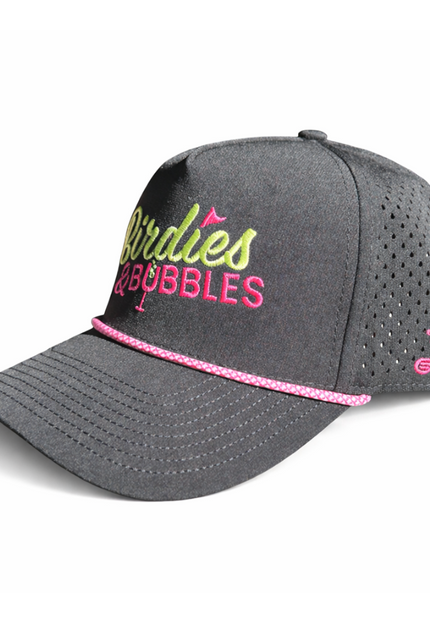 Birdies & Bubbles women's black golf rope hat side view with embroidered logo, pink rope detail, and breathable perforated performance fabric