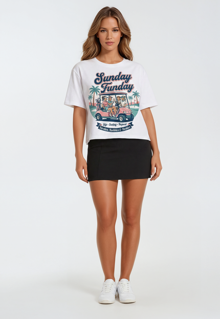 Sunday Funday Tee – Women’s Golf Cart Graphic T-Shirt | Birdies & Bubbles
