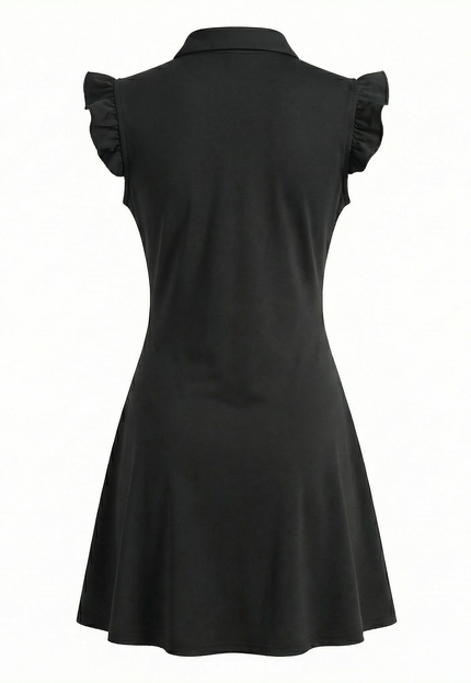 Black dress backside with ruffled sleeves on a white background 