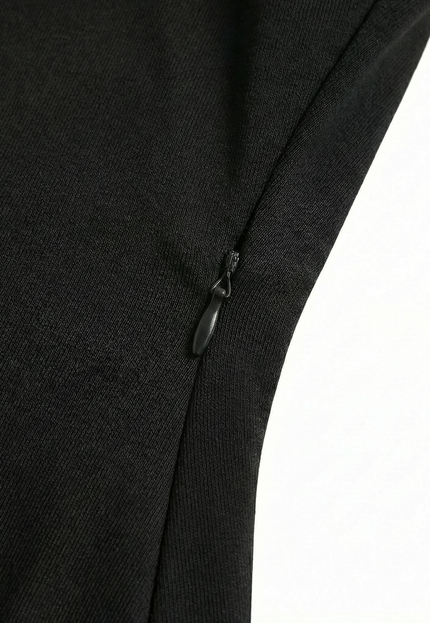 Close-up of a black garment with a zipper on a white background
