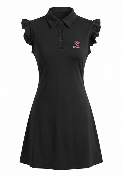 Black dress with ruffled sleeves and a pink logo on a white background