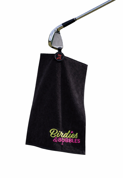 Black golf towel with 'Birdies & Bubbles' text and a golf club on a white background
