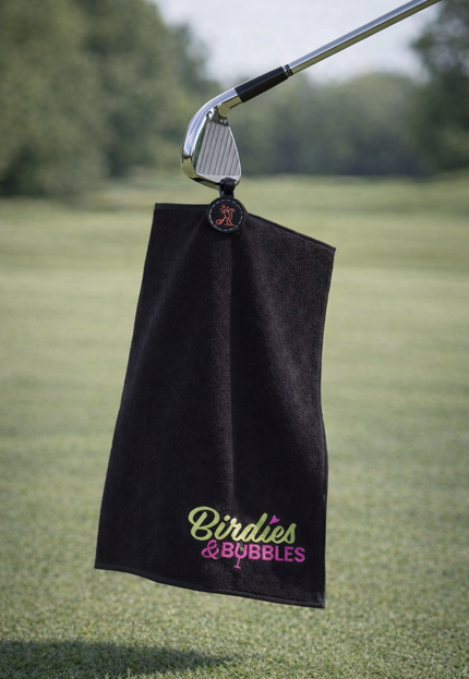 Black golf towel with 'Birdies & Bubbles' text hanging from a golf club on a grassy background