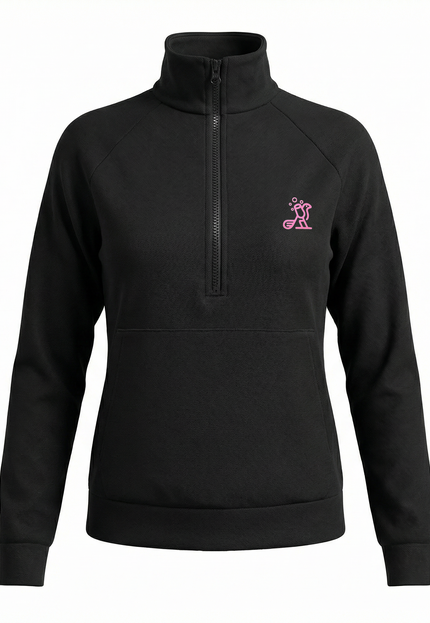 Black half-zip sweatshirt with a pink logo on a white background