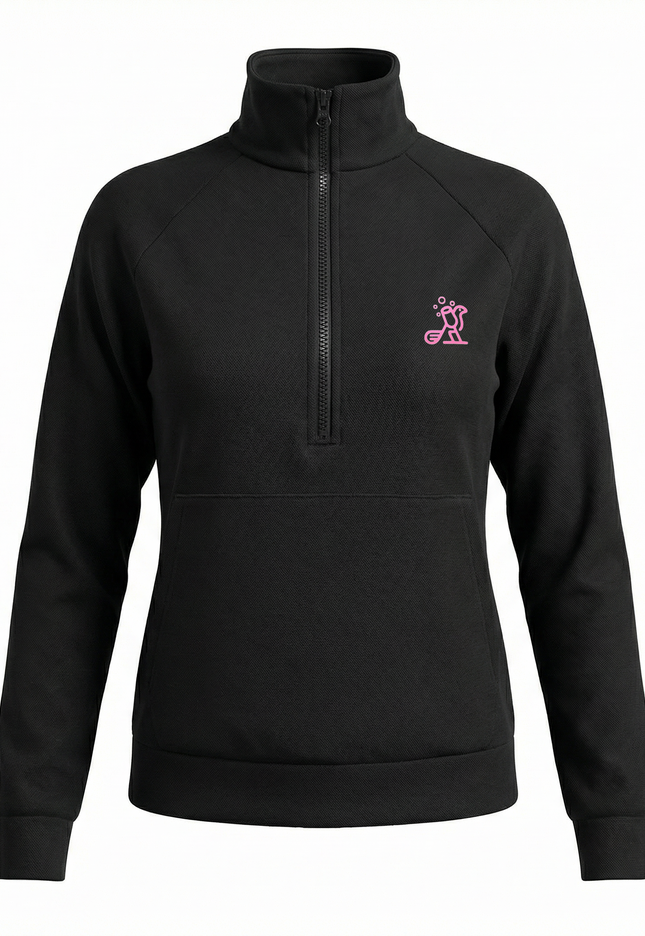 Black half-zip sweatshirt with a pink logo on a white background