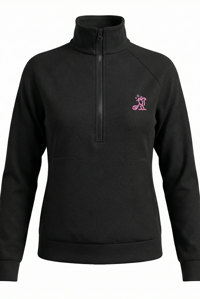Black half-zip sweatshirt with a pink logo on a white background